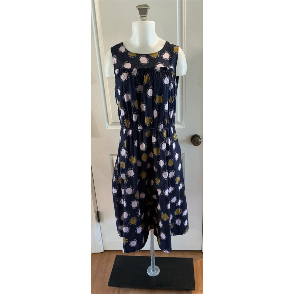 Boden Dress‎ Size 12L Blue Polka Dot Sleeveless Knee Length Cotton